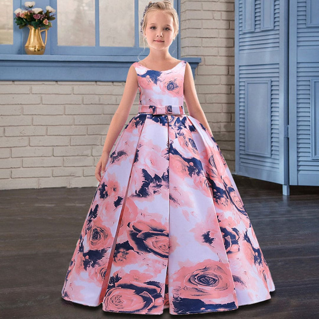 Girls Floral Print Pleated Gown Party Dresses Peach 6-7 Y 
