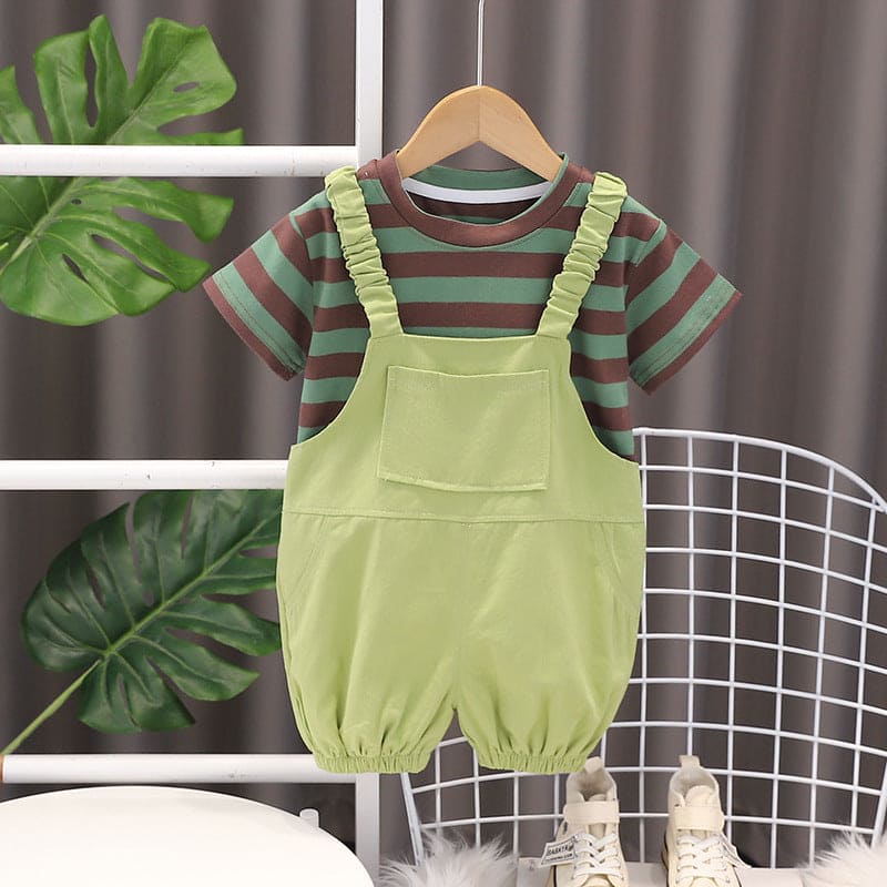 Boys Short Sleeve Striped T-Shirt With Elasticated Dungaree 2 pc. Sets Green 1-2 Y 