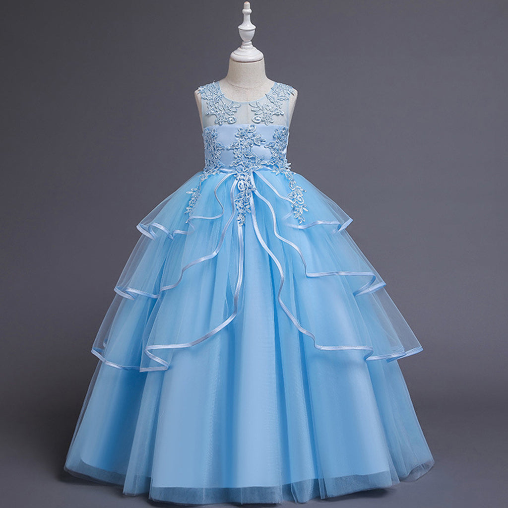 Girls Blue Embroidered Layered Tulle Gown Party Dresses Blue 4-5 Y
