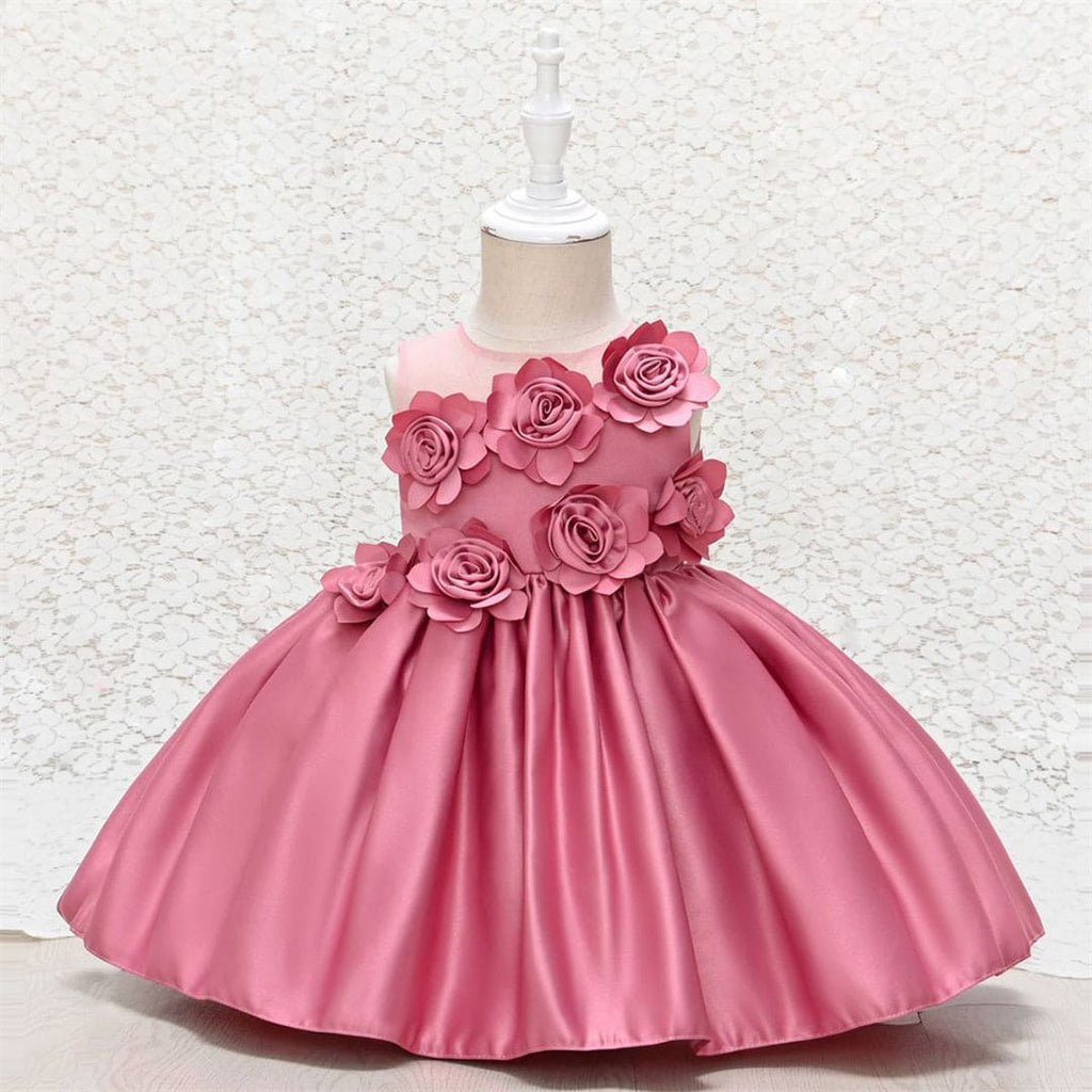 Girls Flower Applique Sateen Party Dress Party Dresses Pink 1-2 Y 