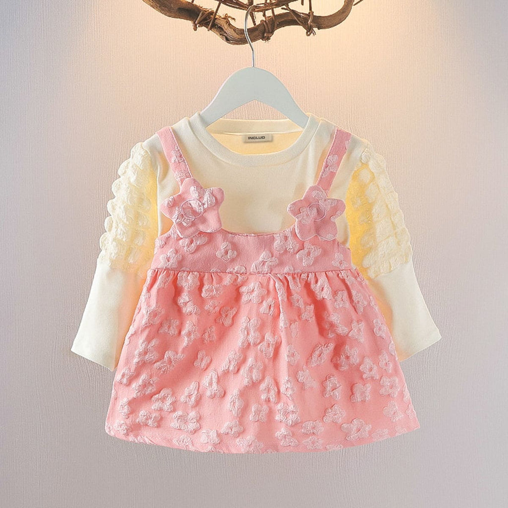 Girls Pink Round Neck Self Design Self Design Cuffed Sleeves Maxi Casual Dresses Pink 12-18 M