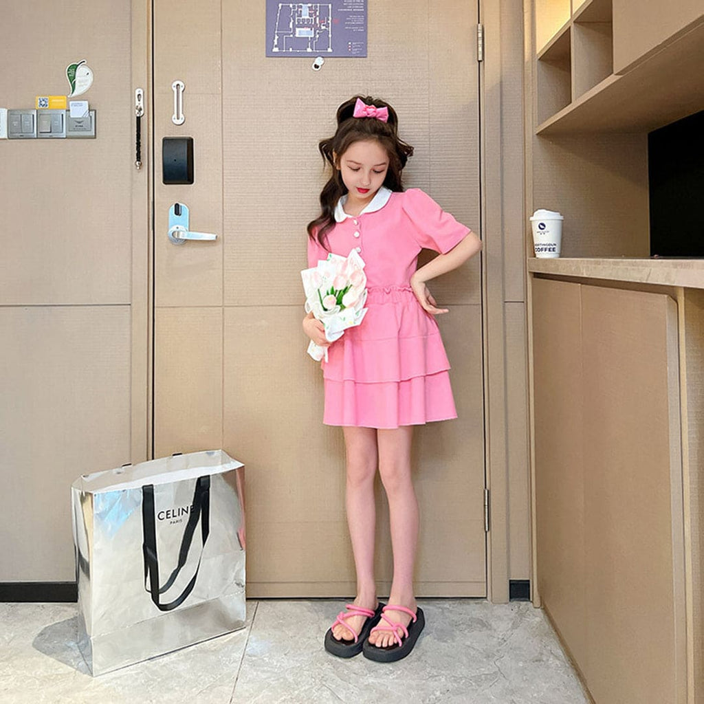 Girls Pink Polo Neck T-Shirt With Elasticated Skirt Set Sets   
