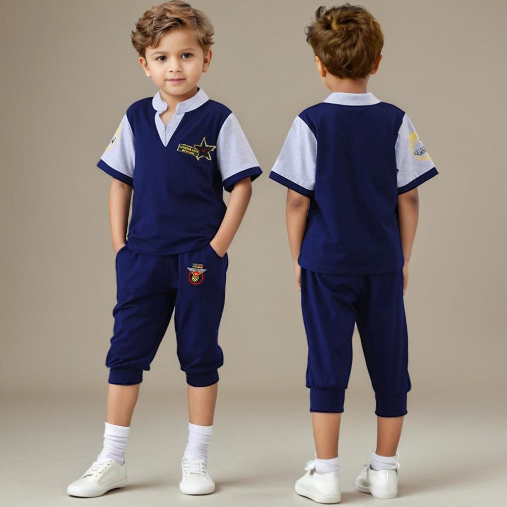 Boys V-Neck Contrast Sleeve T-Shirt With Pants Sets Navy 3-4 Y 
