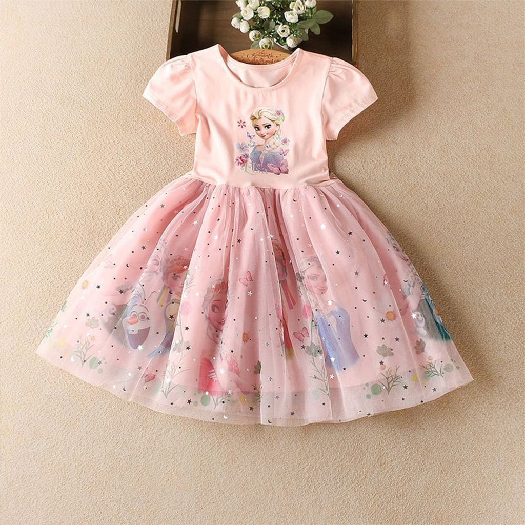 Girls Elsa Princess Short Sleeve Dress Casual Dresses Pink 2-3 Y