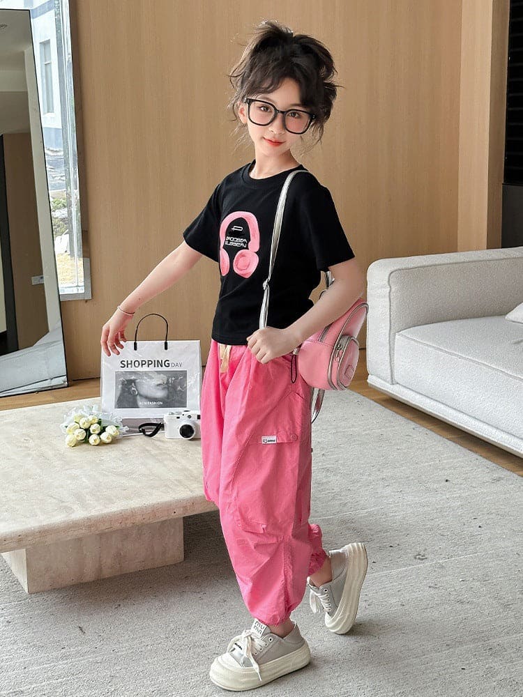 Girls Short Sleeve Graphic T-Shirt With Jogger Set Sets Black 6-7 Y 