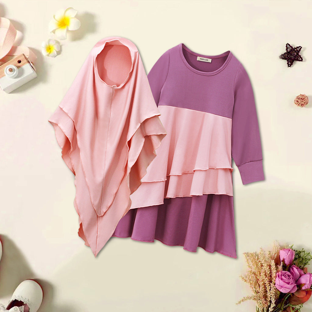 Girls Long Sleeve Colorblocked Dress With Head Scarf Casual Dresses Purple 1-2 Y 