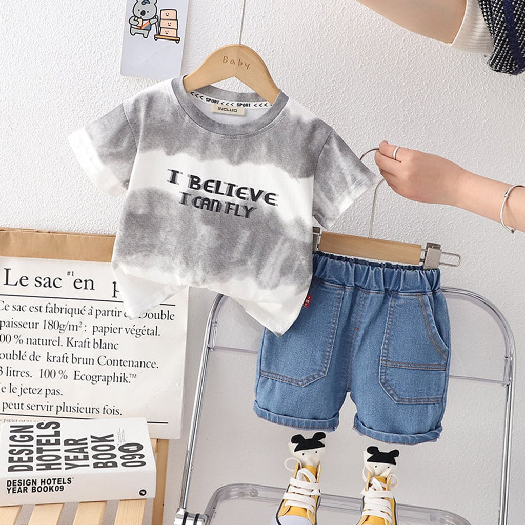Boys Tie & Dye Short Sleeve T-Shirt With Denim Shorts Sets Gray 2-3 Y