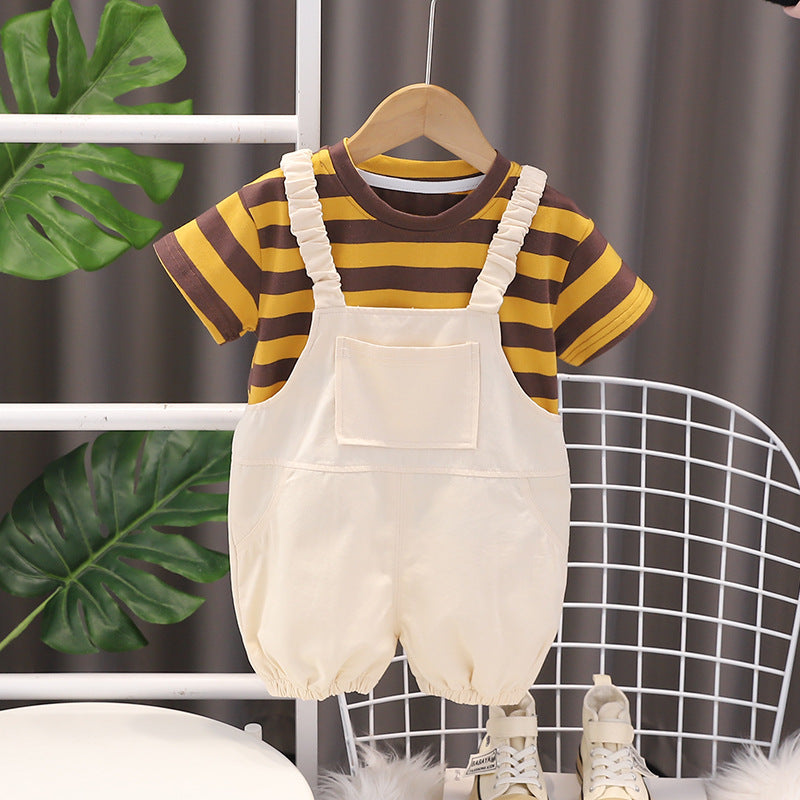 Boys Short Sleeve Striped T-Shirt With Elasticated Dungaree 2 pc. Sets Yellow 1-2 Y 