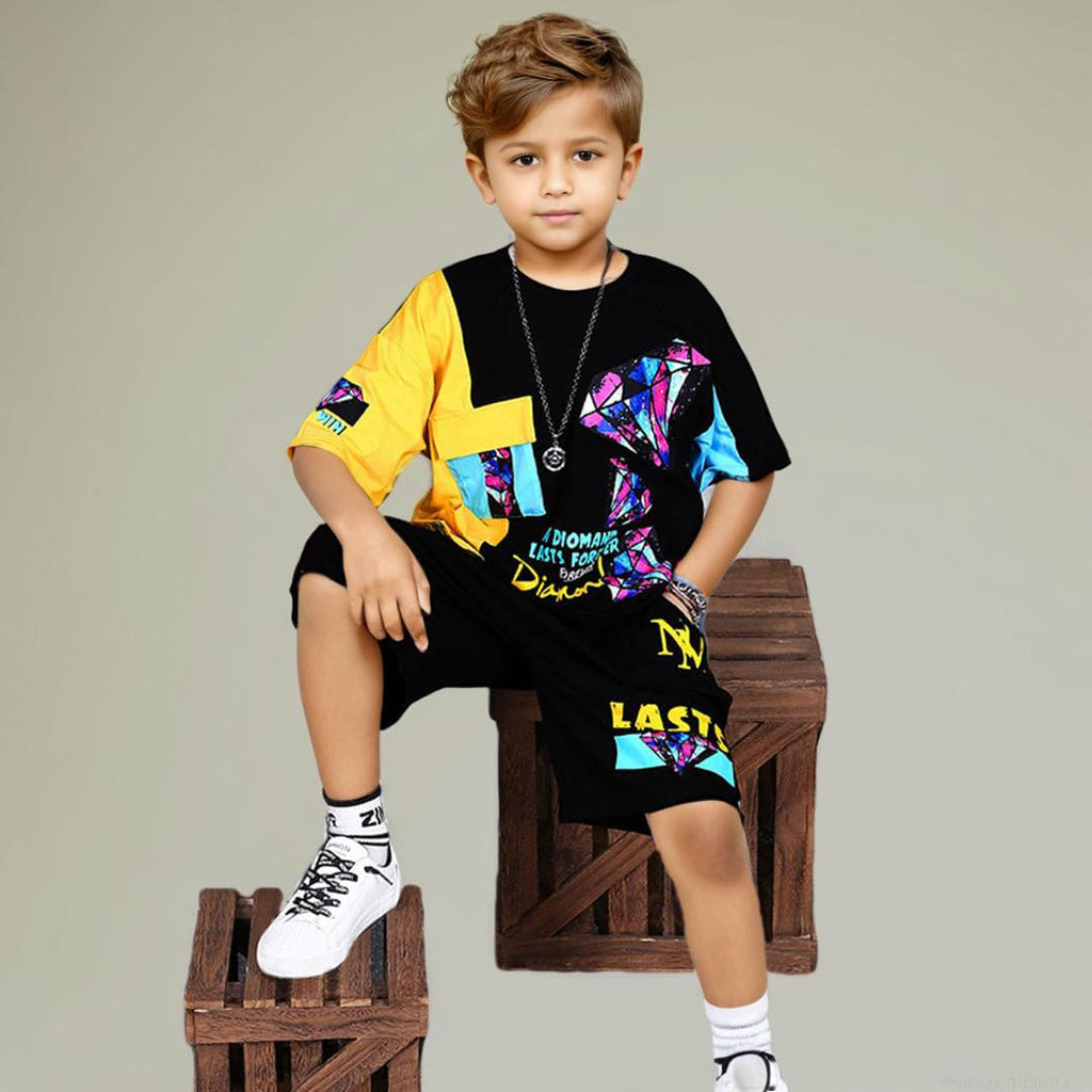 Boys Diamond Print T-Shirt With Shorts Sets Black 3-4 Y 