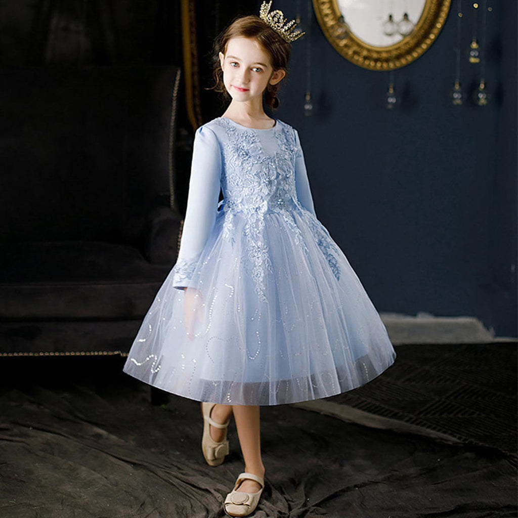 Girls Embroidered Full Sleeves Party Dress Party Dresses Blue 4-5 Y 