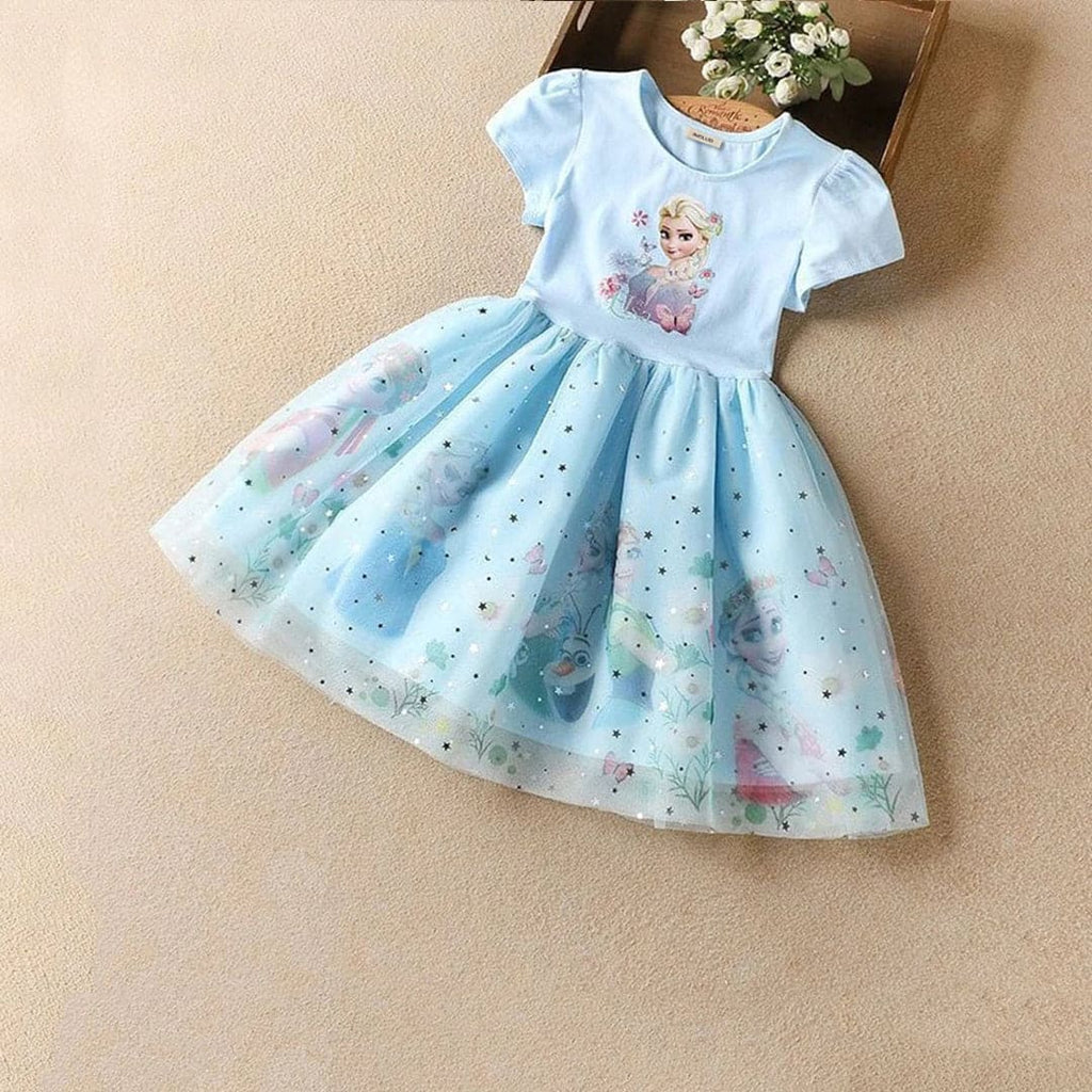 Girls Elsa Princess Short Sleeve Dress Casual Dresses Blue 2-3 Y 