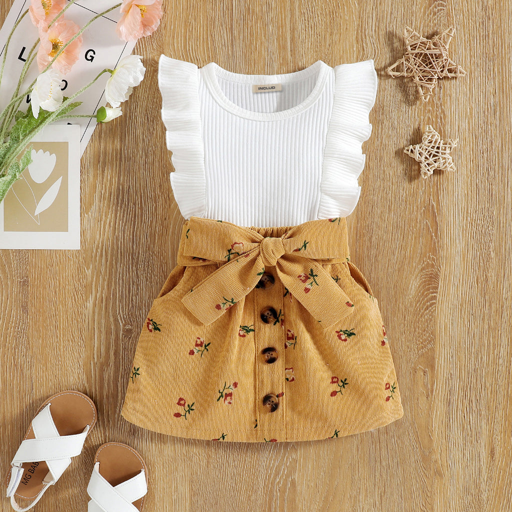 Girls Flared Sleeve Knitted Top With Floral Printed Corduroy Skirt Set Sets Yellow 1-2 Y