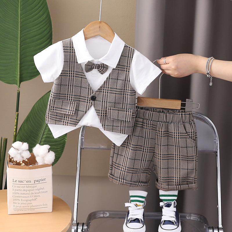 Boys Jacket Mock Polo T-Shirt With Checked Shorts 2 pc. Sets Brown 1-2 Y 