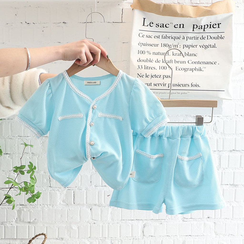 Girls Knitted Top With Lace & Shorts Sets Light Blue 1-2 Y 