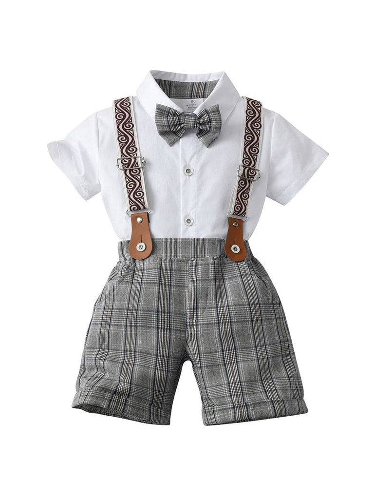 Boys Short Sleeve Shirt With Suspender Check Shorts Set Sets Grey 1-2 Y 