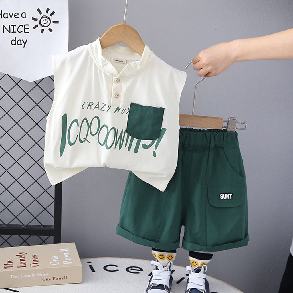 Boys Green Sleeveless Printed Vest With Shorts (Copy) 2 pc. Sets Green 1-2 Y