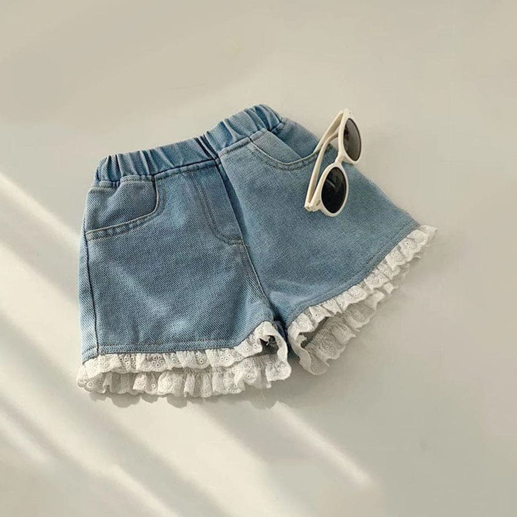 Girls Denim Shorts with Schiffly Lace Shorts Light Blue 1-2 Y 