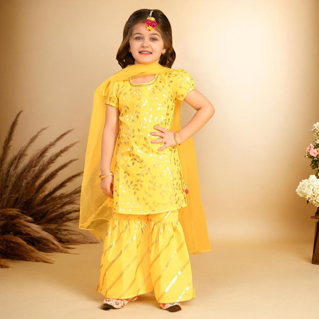 Girls Foil Print Kurta With Sharara & Dupatta Set Ethnicwear Girls Yellow 1-2 Y