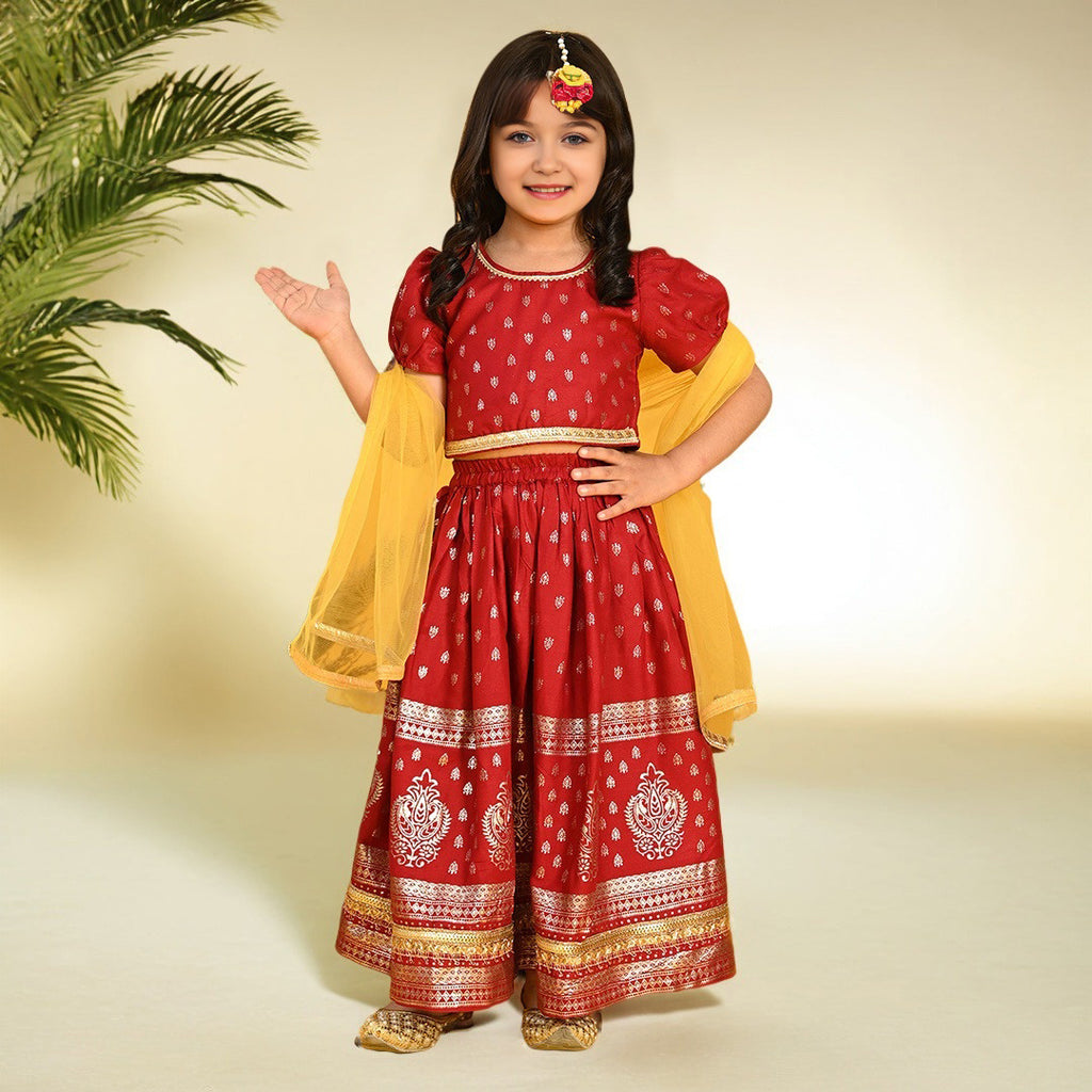 Girls Maroon Foil Print Lehenga Choli Set Ethnicwear Girls Maroon 1-2 Y
