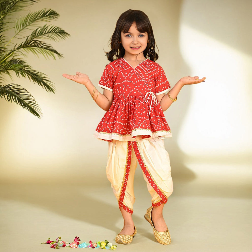 Girls Red Batik Printed Peplum Kurti with Dhoti Set Ethnicwear Girls Red 1-2 Y