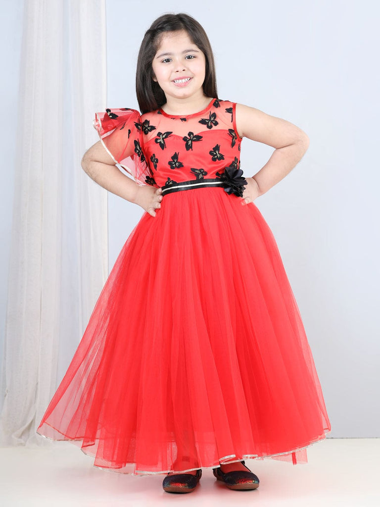 Girls Applique Tulle Party Gown Party Dresses Red 1-2 Y 