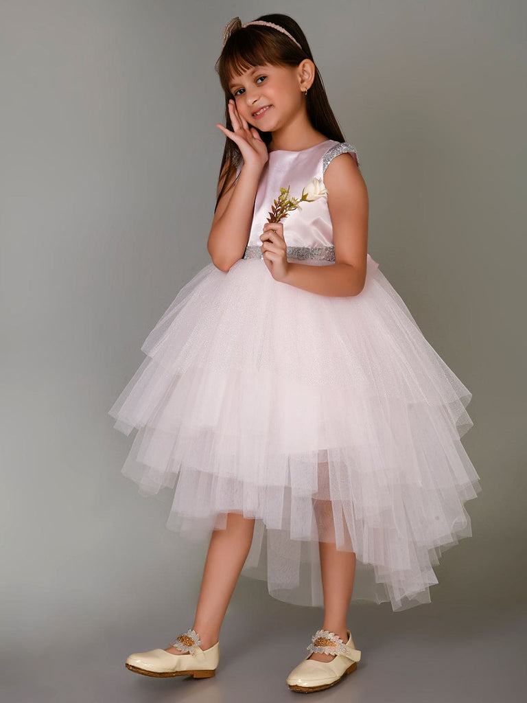 Girls Sateen Tiered Tulle High-Low Hem Party dress Party Dresses Pink 1-2 Y 