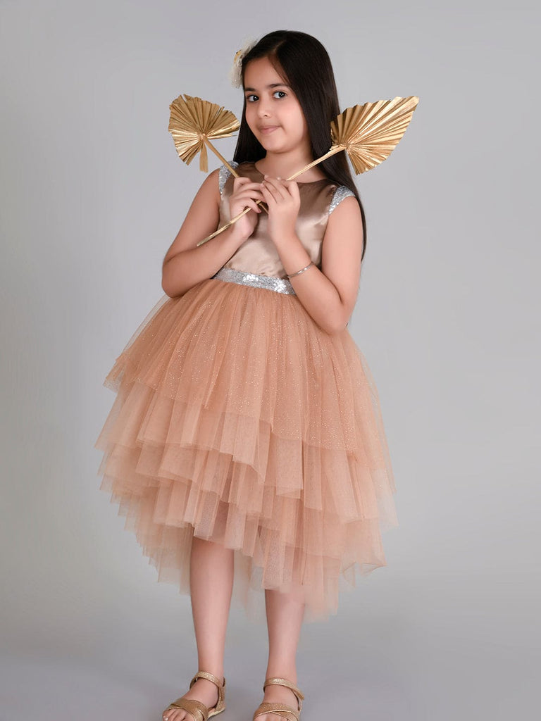 Girls Sateen Tiered Tulle High-Low Hem Party dress Party Dresses Brown 1-2 Y 