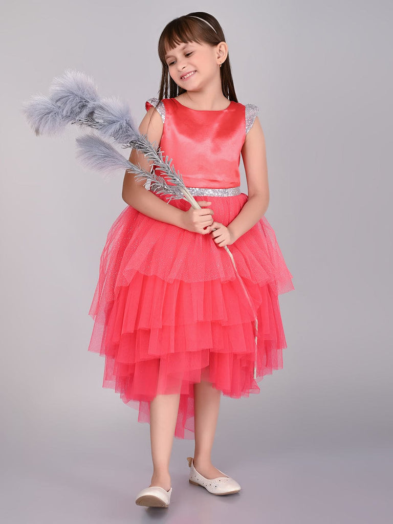 Girls Sateen Tiered Tulle High-Low Hem Party dress Party Dresses Coral 1-2 Y 