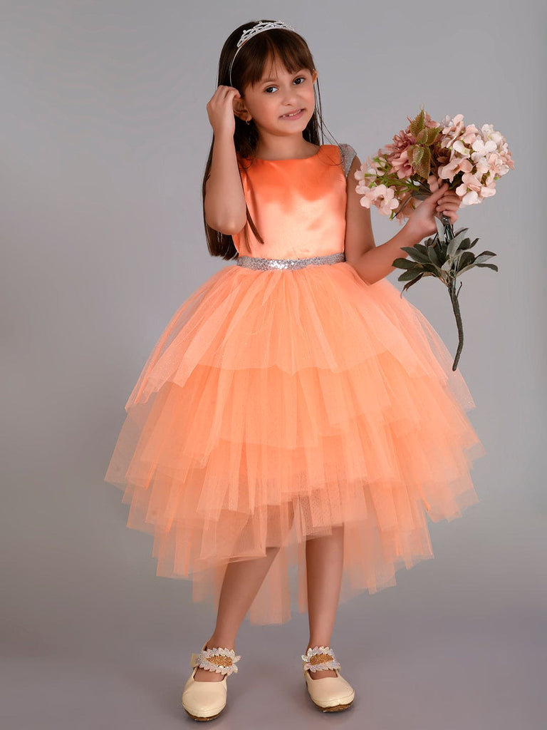 Girls Sateen Tiered Tulle High-Low Hem Party dress Party Dresses Orange 1-2 Y 
