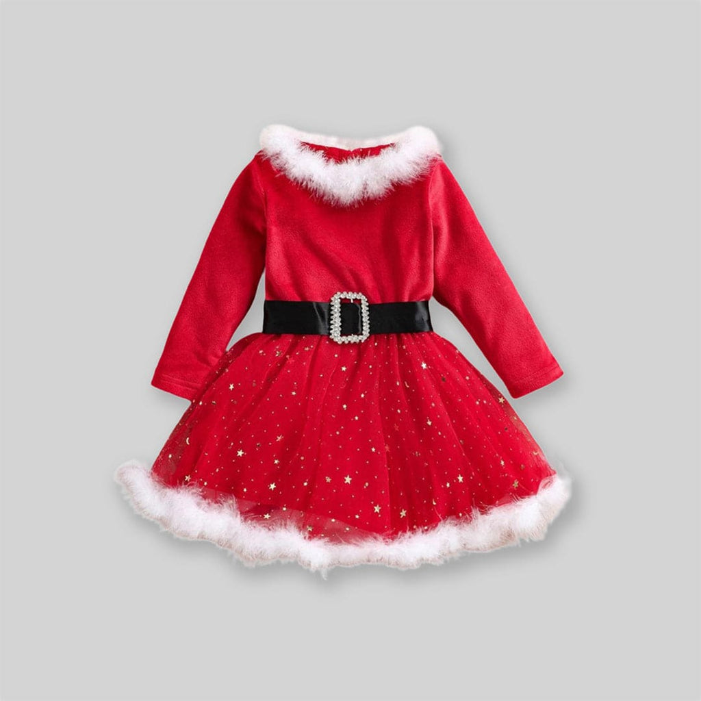 Girls Santa Inspired Full Sleeves Dress with Headband Casual Dresses Red 1-2 Y 