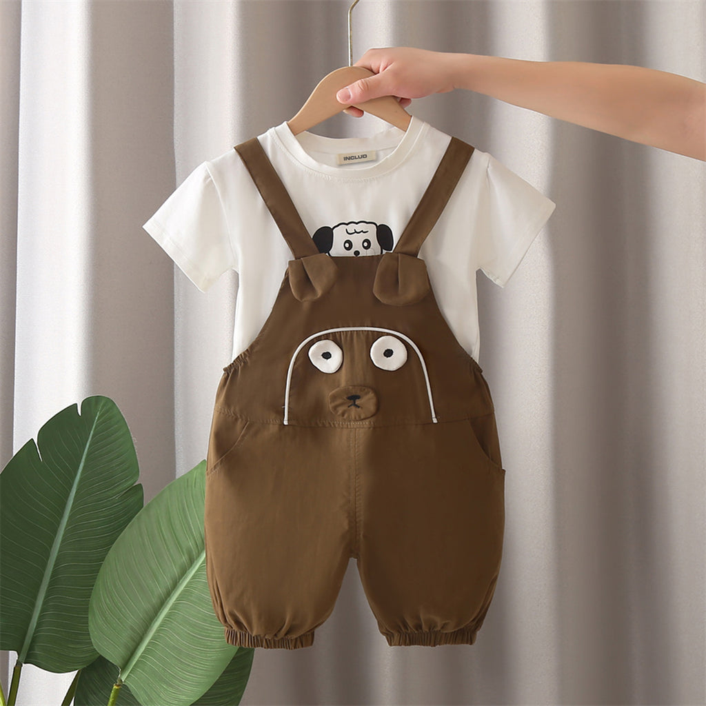 Boys Brown Dog Patched Dungaree With T-Shirts Set 2 pc. Sets