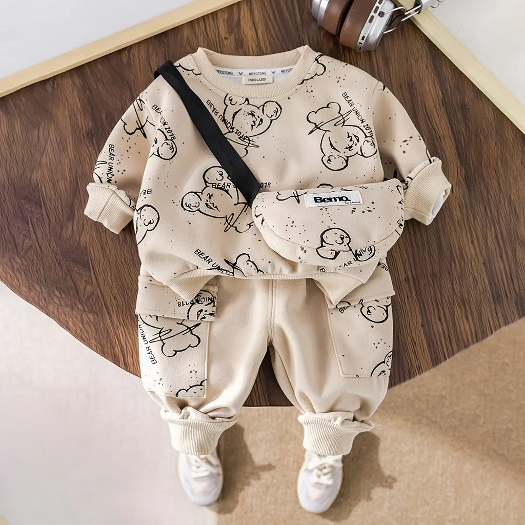 Girls Beige Allover Bear Printed Sweatshirt With jogger & Sling Bag Sets Sets Beige 1-2 Y