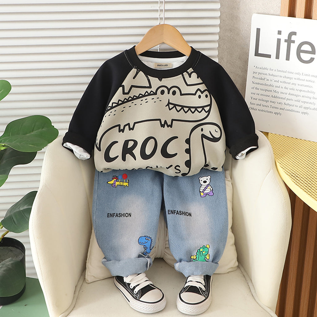 Boys Khaki Crocodile Printed Winter Sweatshirt With Denim Pants Set 2 pc. Sets Khaki 1-2 Y