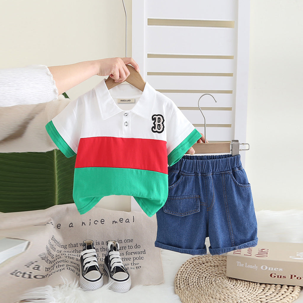 Boys White Colo-blocked Polo T-Shirt With Denim Shorts Set 2 pc. Sets White 1-2 Y