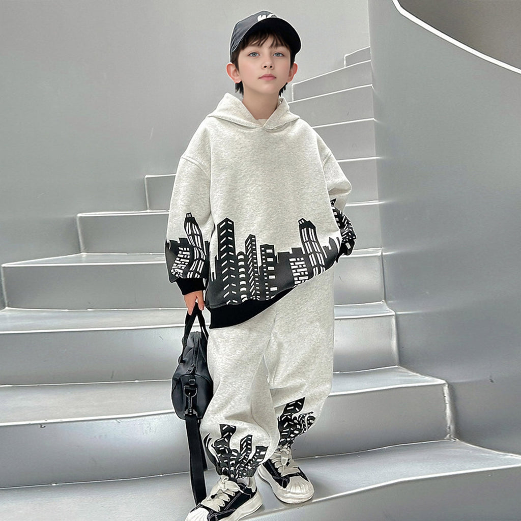 Boys Grey Printed Hooded Sweatshirt With Pants Sets 2 pc. Sets Grey 5-6 Y