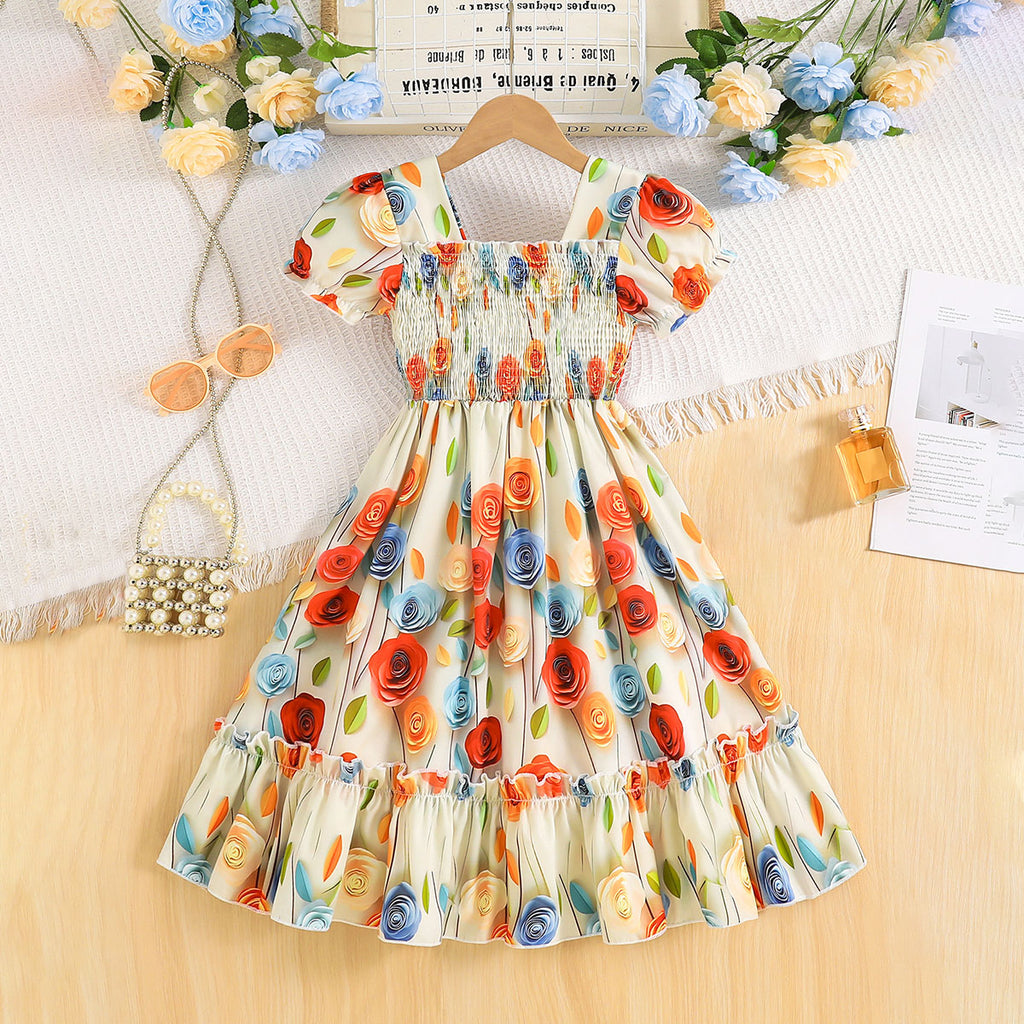 Girls Multicolor Rose Print Smocked Casual Midi Dress Casual Dresses Multicolor 3-4 Y