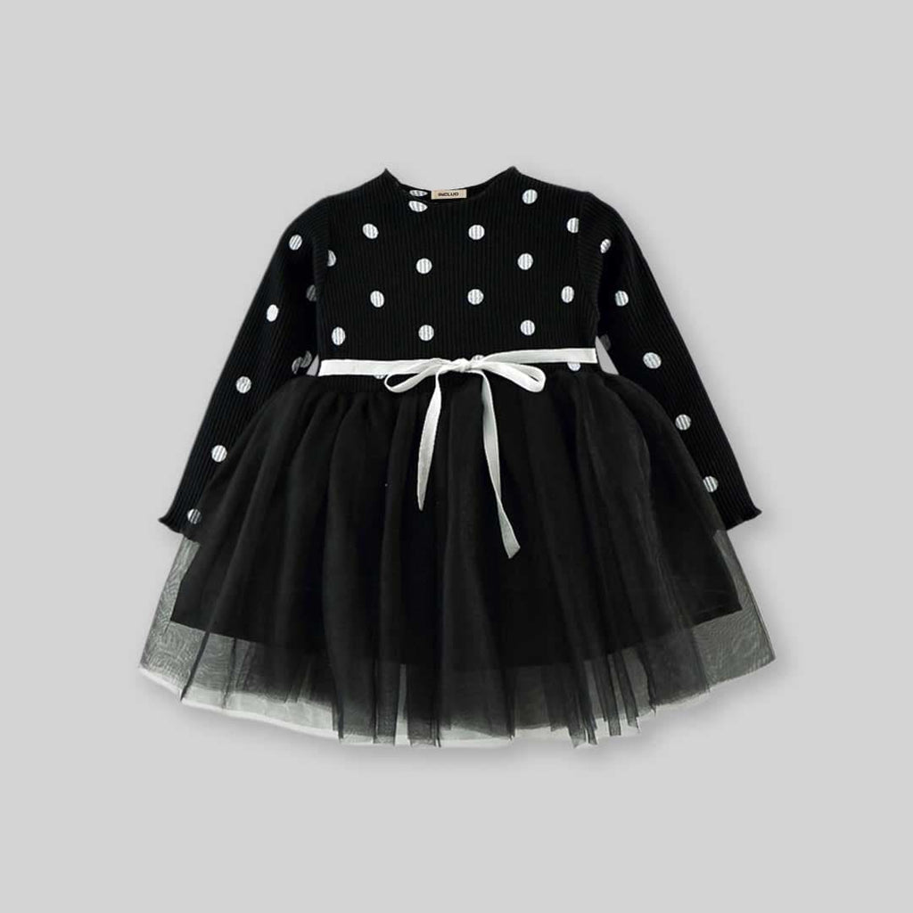 Girls Polka Dot Printed Long Sleeve Dress Casual Dresses Black 1-2 Y 