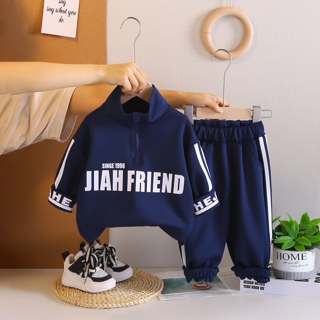 Boys Navy Blue Typographic Printed Sweat Shirt With Joggers Set 2 pc. Sets Navy Blue 1-2 Y