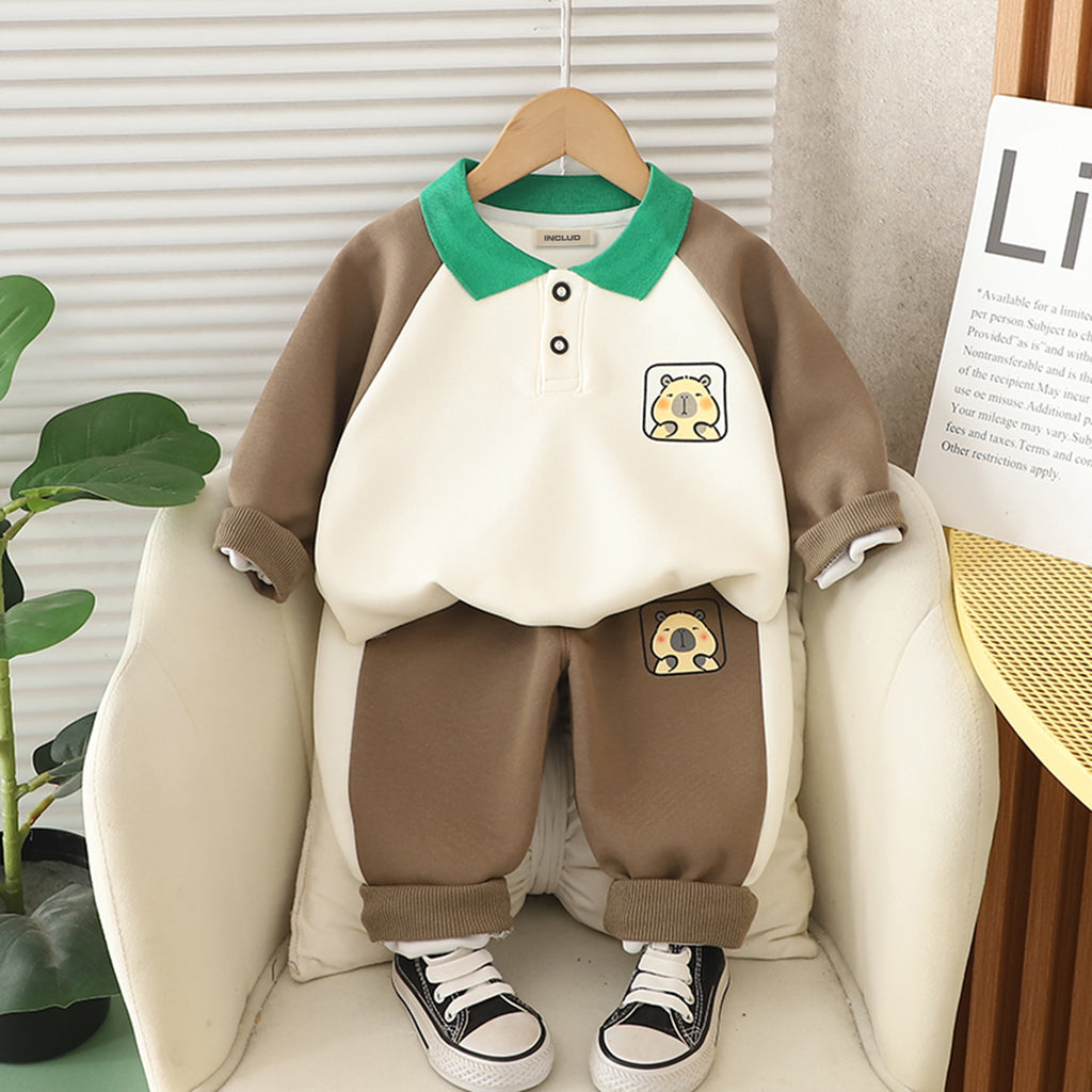 Boys Brown Capybara Printed Polo Neck Sweatshirt With Pant Set 2 pc. Sets Brown 1-2 Y