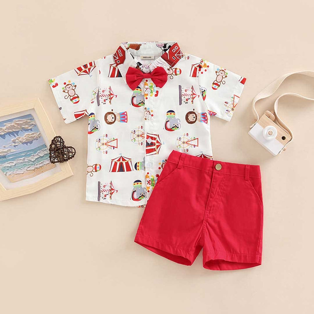Boys Printed Short Sleeve Shirt With Shorts Set Sets Red 1-2 Y 