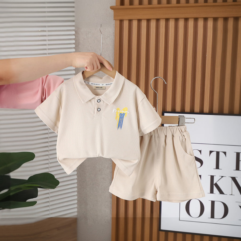 Boys Khaki Polo T-Shirt with Embroidered Back & Shorts Set Sets Khaki 1-2 Y