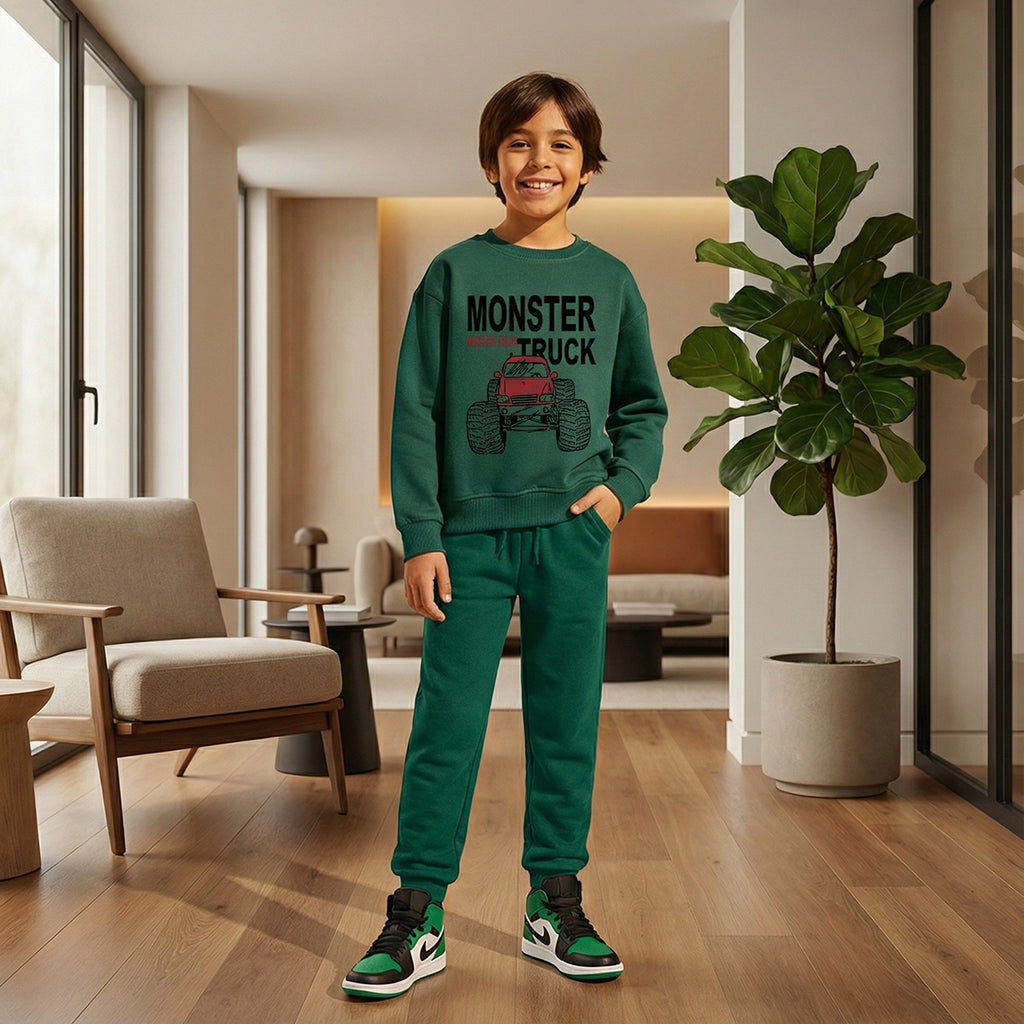 Boys Green Monster Truck Graphics Round Neck Sweatshirt With Joggers Sets 2 pc. Sets Green 1-2 Y