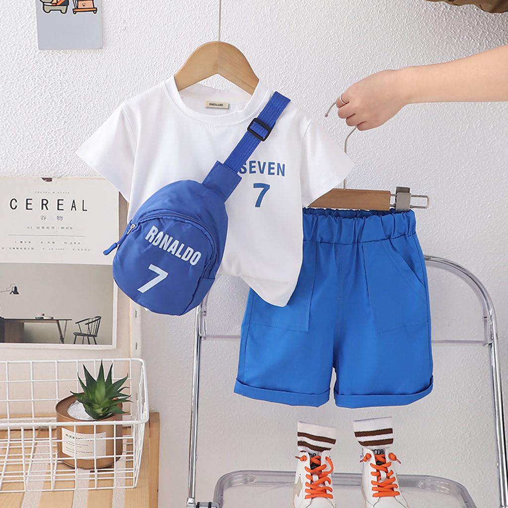 Boys Printed Short Sleeves T-Shirt With Blue Shorts And Bag Pack Set 3 pc. Sets Blue 1-2 Y