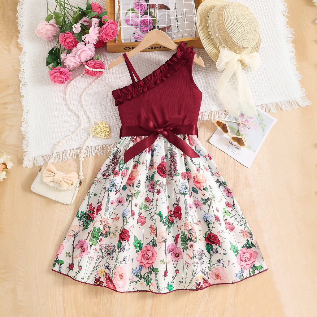 Girls Maroon Rose Printed One Shoulder Fit And Flared Dress Casual Dresses Maroon 3-4 Y