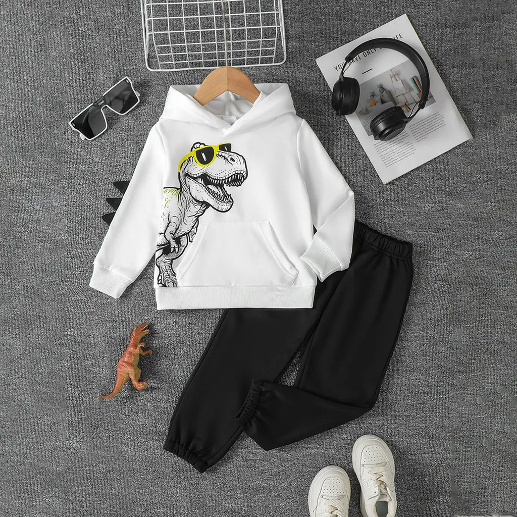 Boys White Dinosaur Graphics Hooded Sweatshirt With Elasticated Trouser Sets 2 pc. Sets White 3-4 Y