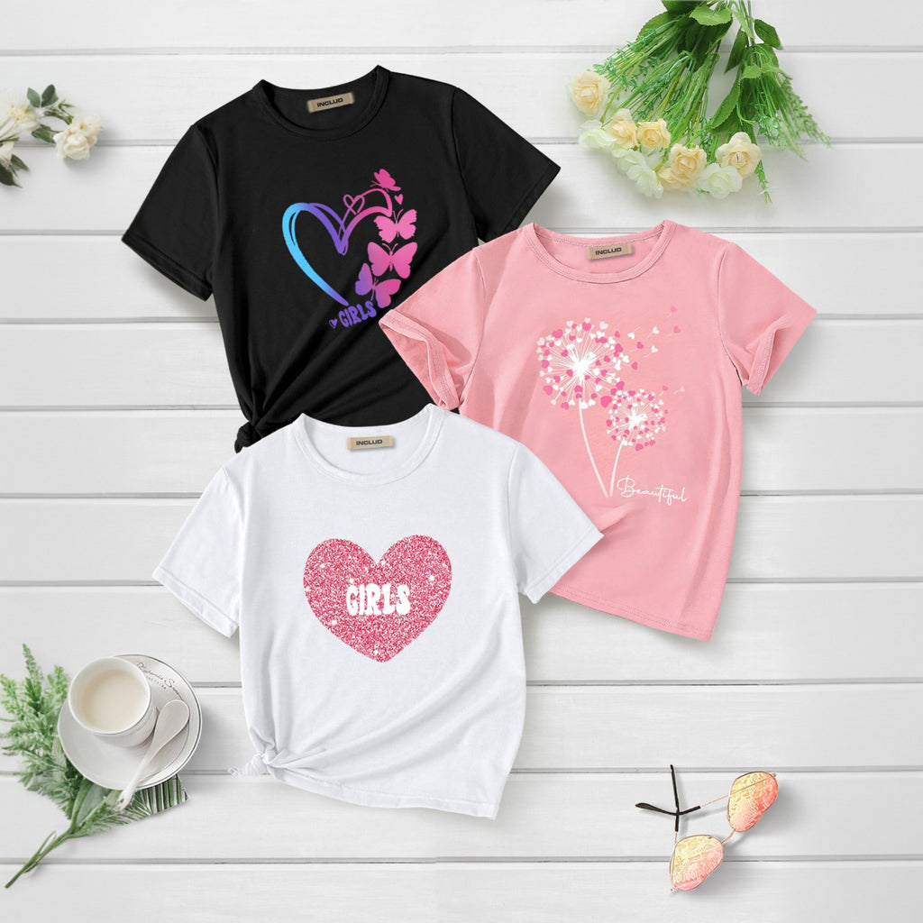 Girls Multicolor Graphic Printed Short Sleeves T-Shirt ( Pack OF 3 ) Tshirts Multicolor 7-8 Y