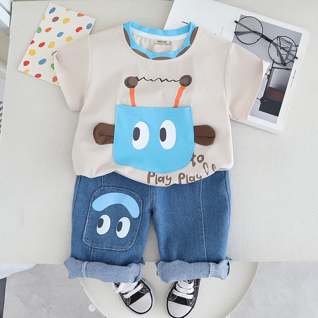 Boys Beige Graphic Patch Pocket T-Shirt With Denim Pants Set 2 pc. Sets Beige 1-2 Y