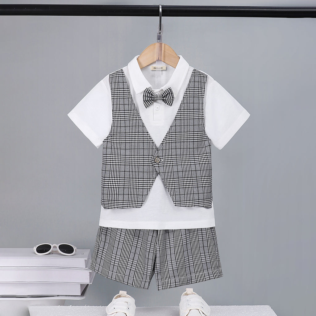 Boys Black Check Waist Coat With Polo T-Shirt And Shorts Set 3 pc. Sets Black 3-4 Y