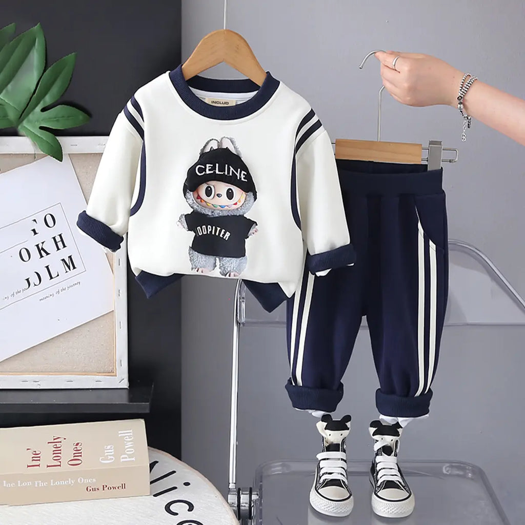 Boys Navy Blue Graphics Printed Sweatshirt With Jogger Sets Sets Navy Blue 1-2 Y