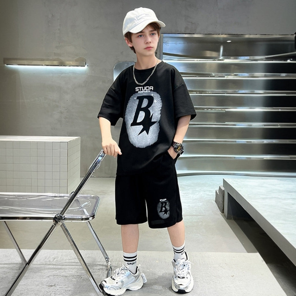 Boys Black Star Printed Summer Oversized T-Shirt With Shorts Set 2 pc. Sets